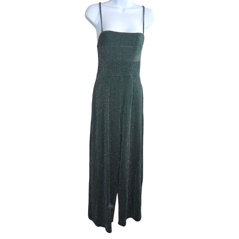 Francescas Green Metallic Smocked‎ Wide Leg Jumpsuit XS Glitter Striped 2820